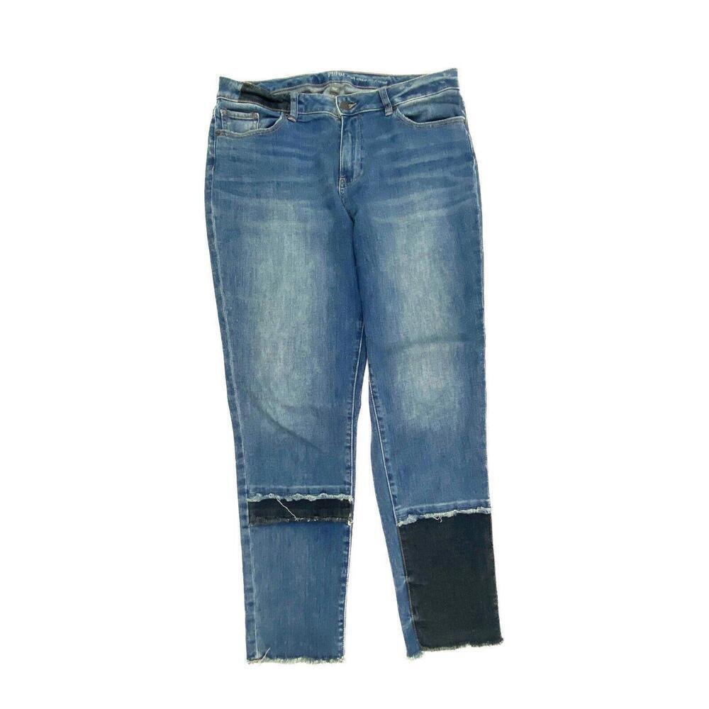 New York & Company Jeans Women 12 Blue Soho Boyfriend Raw Hem Patchwork